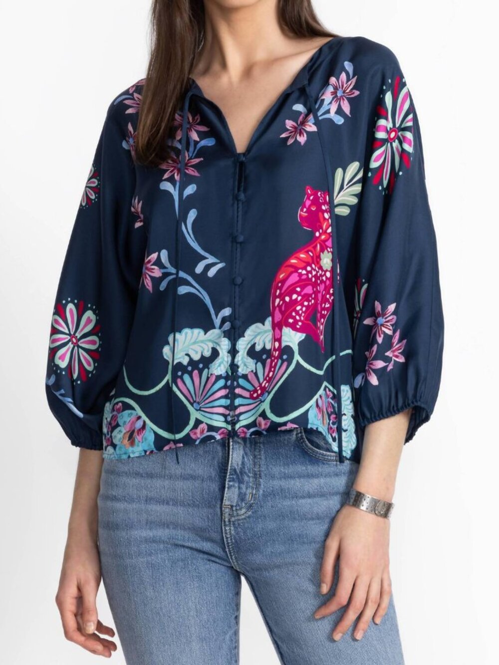 NWT Johnny Was Harlyn Button Front Silk-Blend Blouse Leana Color Size XL